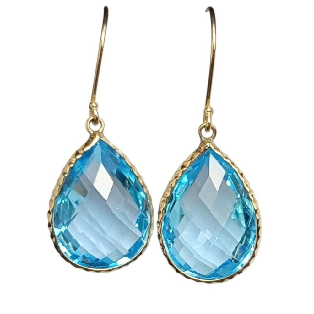14K Yellow Gold Swiss Blue Topaz Drop Dangle French Wire Earrings - Picture 10 of 12